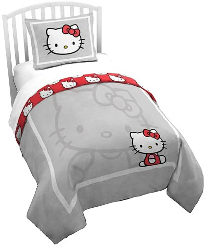Jay Franco Bettbezug-Set – 2-teiliges Bettdeckenbezug und Kissenbezug-Set, superweiche, gemütliche Bettwäsche (Kissen nicht im Lieferumfang enthalten), Grau – Hello Kitty Twin