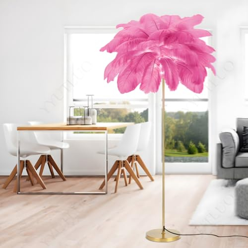 YYUTLUO Lampe À Plumes Moderne, Lampadaire En Plumes D'Autruche Naturelles, Hauteur 160cm, Poteau Et Base Dorés, 3 Températures De Couleur, Ampoules LED G4, Salon, Chambre D'Enfant, Bureau(Rose Clair)