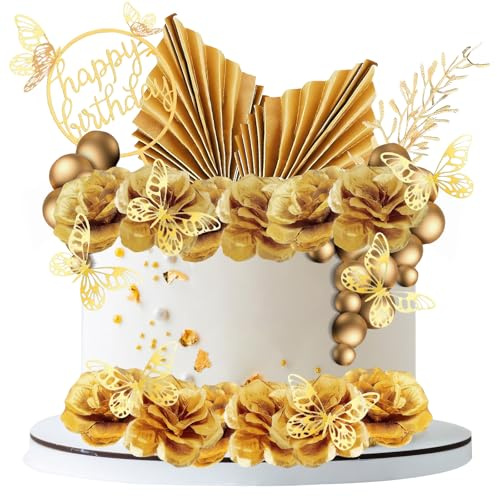 UICCVOKK 43 Pcs Cake Decorations, Gold Flowers Cake Topper, Boho Gold Balls Cakes Decorations, Butterfly & Palm Leaf Birthday Cakes Toppers for Birthday Party Wedding Hochzeitstorte
