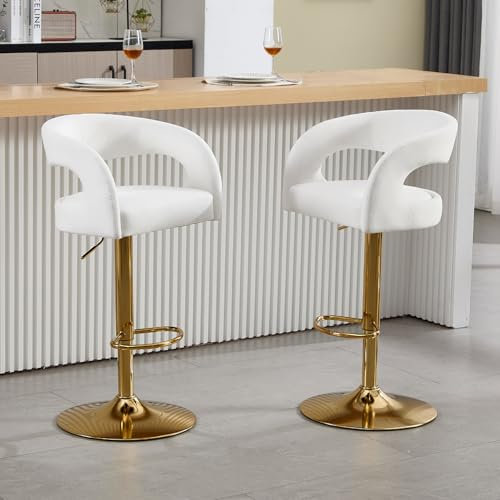 chairus Swivel Bar Stools Set of 2 Velvet Kitchen Dining Chairs Upholstered Breakfast High Stools with Adjustable Height (White-2)