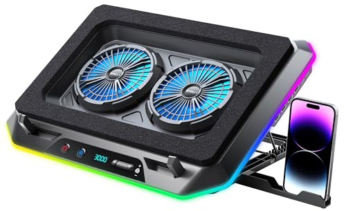 KYOLLY RGB Gaming Laptop Cooling Pad with Two Turbo Fan 3000RPM, Rapid Cooling for 15.6-19.3 Laptops, Variable Speed Control, 6 Adjustable Heights,10 RGB Lighting Modes,4 Hub