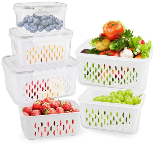 3 Recipientes Herméticos para Alimentos - Tuppers de Plástico - Organizadores de Nevera, 3.3L+1.75L+0.85L, Doble Capa, 3 Cestas Escurridoras + 3 Tuppers Herméticos, PP, Aptos para Microondas y Nevera