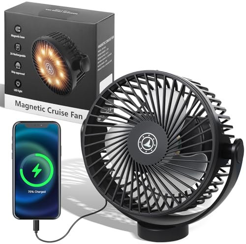 Magnetic Cruise Fan with 12000mAh Battery - Portable Cabin Air Circulator, 3-Speed LED Desk Fan with Timer, Power Bank & Ceiling/Wall Mount, Cruise Ship Approved for Travel (Black)