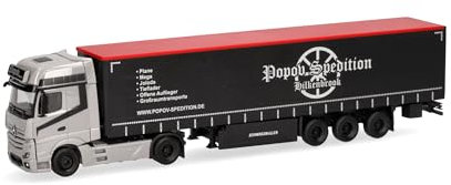 Herpa LKW Modell Mercedes-Benz Actros L Gigaspace Gardinenplanen-Sattelzug Popov Spedition, Miniatur im Maßstab 1:87, Sammlerstück, Made in Germany, Kunststoff