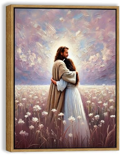BingruiArt Jesus Wandkunst, Jesus umarmende Frau, violette Leinwand, christliches Rosa, Dekorbild, Jesus mit Mädchen, Gemälde, Gott, Poster für Gebetszimmer, Zuhause, Büro, Kirche, 30,5 x 40,6 cm