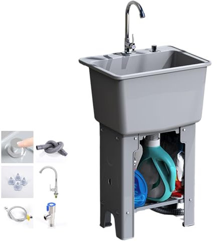 JINGSHIQIAOPL Lavandino da Esterno Indipendente in Plastica, Lavandino Profondo 25 cm con Rubinetto Girevole a 360°, Lavandino Esterno Giardino per Lavanderia, Cantina, Garage(Gray,40cm/16in)