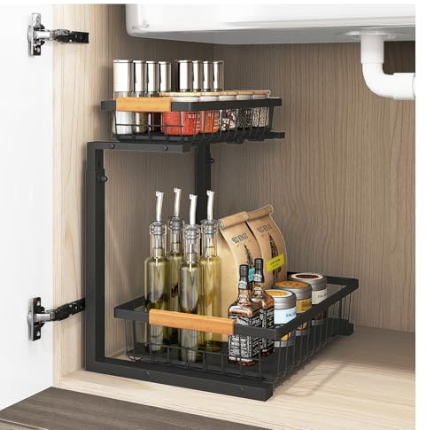 1PC 2 Tier Under Sink Storage Rack Sliding Drawer Organizer