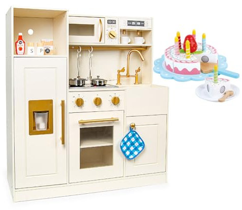 Leomark Cuisine Jouet en Bois Interactive avec lumière et Son, cuisinière + Micro-Ondes + évier 89 cm + Accessoires (Roma+gâteau)