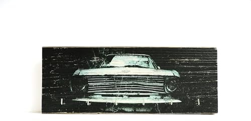 BildArt XXL Schlüsselbrett aus Altholz – 6 Haken – Upcycling mit Fotomotiv Opel Kadett B Kühlergrill – Handgemacht