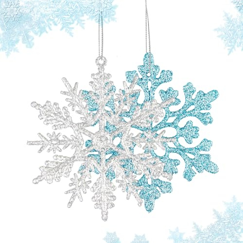24 Stück Schneeflocken Deko Weihnachten, Christbaumschmuck, Weihnachtsbaum Deko, Baumschmuck Weihnachten, Weihnachtsbaumschmuck Glitter Hängende für Weihnachtsdeko (Blau Silber)