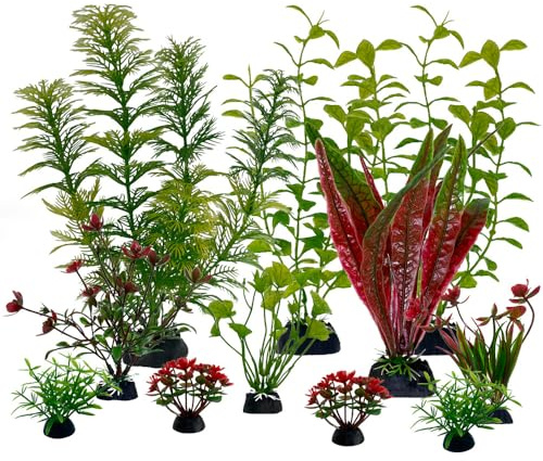 YANJINGHE 11 Pièces Plante Aquarium Artificielle, Décoration Aquarium, Plante de Décoration, Décoration pour d'Aquarium, Plante Artificielle, Cachettes pour Poissons, 5-20 cm (Vert, Rouge)