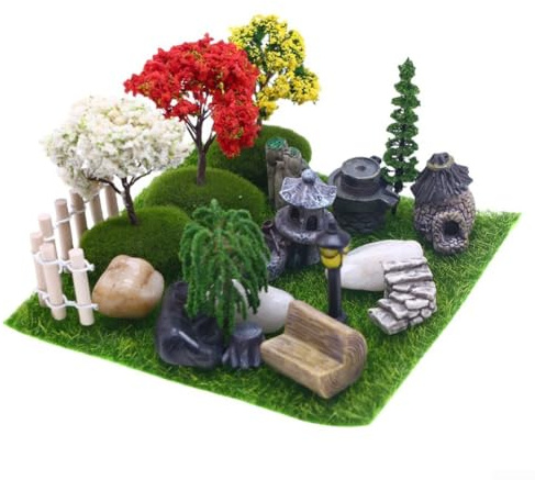 Lot de 26 pièces miniatures pour maison de poupée, jardin de conte de fées comprenant moulin à pierre, tour de piscine, mini clôture en bois, jardin rocailleux, pelouse, chaise et galets