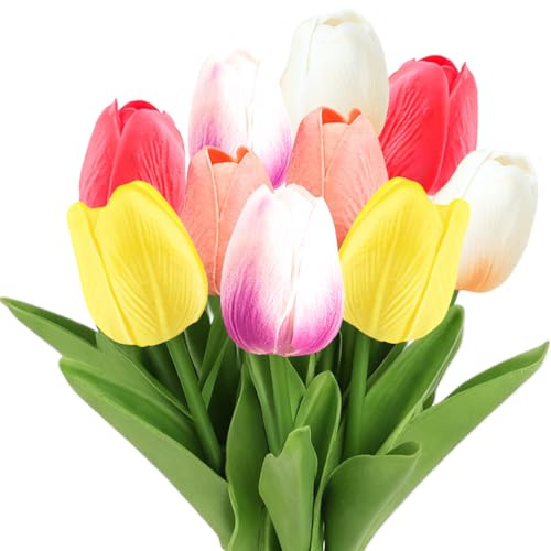 MQIAN Künstliche Tulpen, 10 Stück Kunstblumen, Tulpen Künstlich Wie Echt, Artificial Flowers für Hochzeitsdekoration Valentinstag Frühlingsdeko Muttertag Ostern Deko (Mehrfarbig)