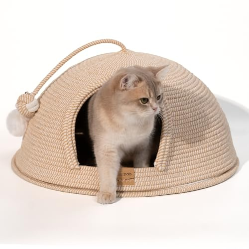 Cheerpals Katzenhöhle & Katzenbett Groß (53cm) – Formstabile Kuschelhöhle Katze aus Robustem Garngeflecht, 2-in-1 Katzenhaus mit Abnehmbarem Deckel & Waschbarem Kissen, Kratzfestes Iglu für Katzen