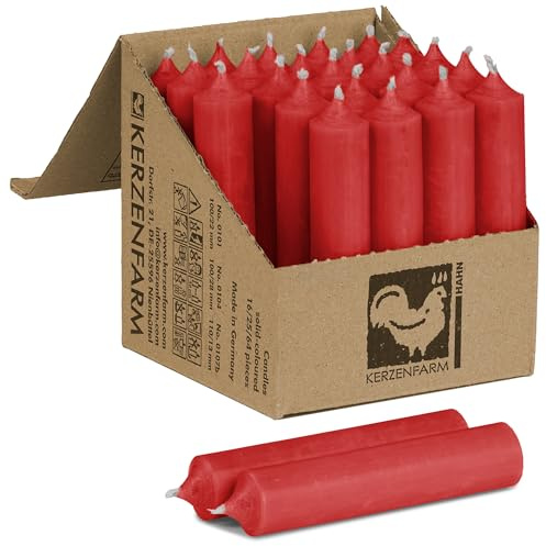 Kurze Stabkerzen 10 Stück, 100 x 22 mm durchgehend gefärbt - Spitzkerzen aus Deutschland - Kerzenfarm Hahn - Unparfümierte und RAL-Zertifizierte Tafelkerzen (10, Rot)