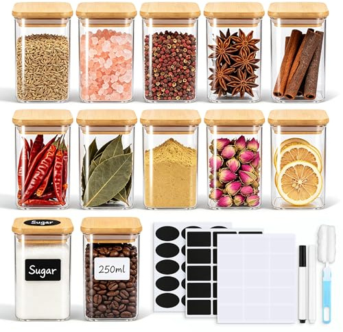 Lot de 12 bocaux à épices avec couvercles en bambou, contenants carrés en verre de 227g pour assaisonnement avec 45 étiquettes et marqueurs DIY, bocaux en verre hermétiques pour l'organisation et le
