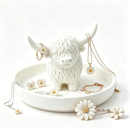 Highland Cow Ring Holder for Trinkets, Women, Highland Cow Bathroom Decor | Ceramic Scottish Coo Jewellery Dish, Christmas Housewarming Birthday Gifts for Mum, Sister, Friends, Home Decor Ornament