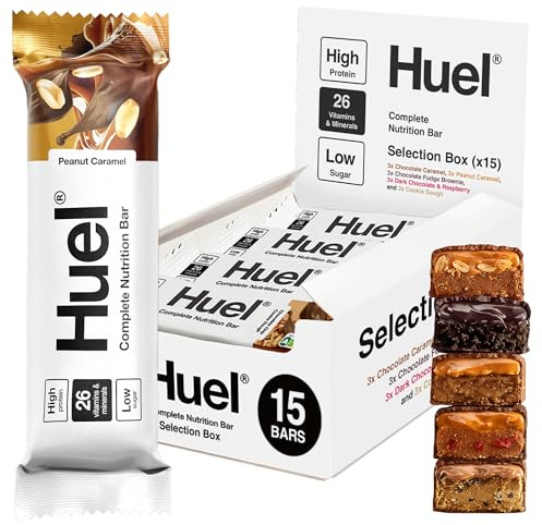 Huel Complete Nutrition Bar | 15x55g Bars | Selection Box | High Fibre | Under 210 Cal | Vegan Chocolate | Plant-Based Protein Snack