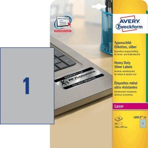 Avery Zweckform L6013-20 Etiketten, zum Bedrucken, Silber, selbstklebend, A4, Polyester, Laser, Permanent)