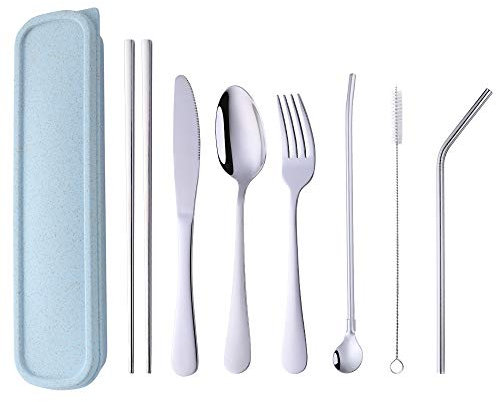 Buyer Star Camping Besteckset, 8 Stück Edelstahl Portable Outdoor Wandern Picknick Reise Utensilien - Messer, Gabel, Löffel, Stäbchen, Trinkhalm, Strohlöffel, Reinigungsbürste, Aufbewahrungsbox