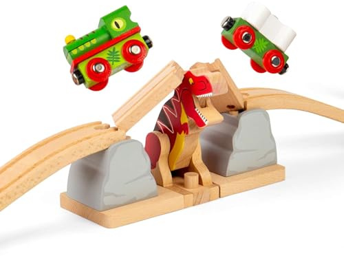 Bigjigs Rail T-Rex Explodierende Brücke, dinosaurierthematisches Holzeisenbahn-Zubehör
