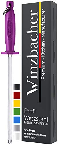 Winzbacher® L'ORIGINAL [39cm] Fusil à Aiguiseur professionnel - en acier spécial trempé | Aiguiseur de couteaux | Poignée ergonomique Soft-Touch avec protection des doigts (Flower Purple)