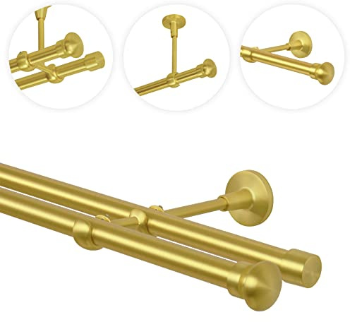 Gardinenstange Vorhangstange 180 cm 2 läufig 19mm Gold-Matt Messing Antik Vintage-Look Retro-Stil FBall Wandbefestigung