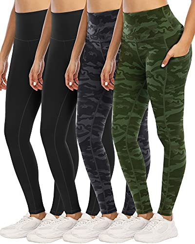 YOUNGCHARM 4er-Pack Leggings mit Taschen für Frauen, hohe Taille, Bauchkontrolle, Workout, Yoga Hosen, 4 Packs-black/Black/Camouflage Gray/Camouflage Green, Groß