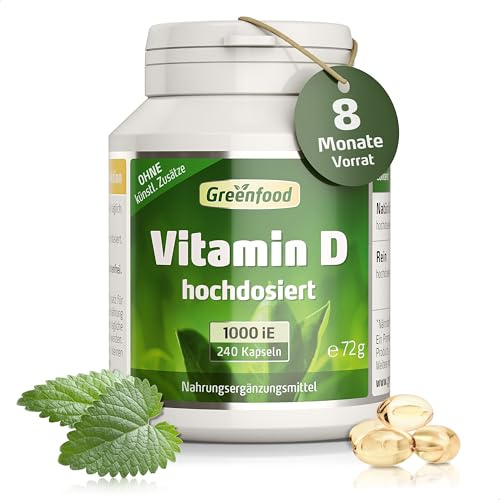 Vitamin D, 1000 IE, hochdosiert, 240 Kpseln - OHNE künstliche Zusätze | Gut Für Knochen, Zähne, Immunsystem, Hohe Bioverfügbarkeit, Laborgeprüft, Ohne Gentechnik, Glutenfrei, Laktosefrei