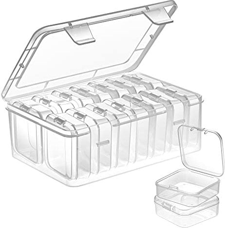 Mathtoxyz Kleine Aufbewahrungsboxen (5,5 x 5,5 x 2cm), 15 Teilige Mini Aufbewahrungsbox aus Klarem Kunststoff mit Klappdeckel für Pillen, Schmuck, Bastelartikel & Kleinteile Aufbewahrungsbox