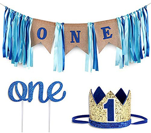 Baby Boy ersten Geburtstag Dekorationen Hochstuhl Banner, Baby Boy 1. Geburtstag Dekorationen ,Baby 1. Geburtstag Boy Dekorationen mit Krone, Birthday Party Supplies (Gold und Königsblau)