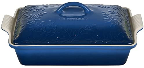 Le Creuset Olive Branch Collection Stoneware Heritage Covered Rectangular Casserole, 4 qt., Marseille with Embossed Lid