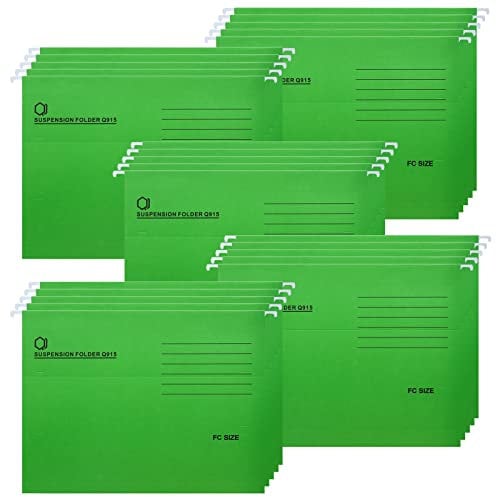 Foolscap Hängemappen, 25 Stück Hängeregister Mappen aus Recyceltem Karton mit Registerkarten und Karteneinsätzen, Hängeregistraturen für Büro und Schule, Grün