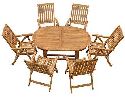 Kai Wiechmann Teak Sitzgruppe 6 Hochlehner klappbar 1 Tisch oval ausziehbar 150 x 100 cm im Set