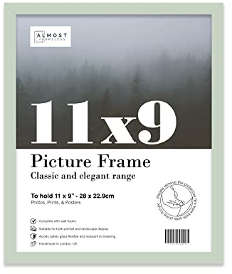 Almost Frameless 11x9 Mint Green Picture Frame 11x9(27.9x22.9cm) Poster, Photo, Artwork, or Print. Thin Edge Slim Frame Portrait and Landscape Display with Wall Hooks