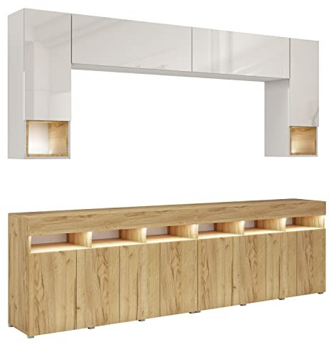 BROMARKT Premium Wohnwand Wohnzimmer Set 6 Teile – Wohnzimmer Schrank - Wohnzimmer Möbel mit Kommode - Wohnzimmerschrank Komplett Möbel - Eiche Craft und Hochglanz Weiß