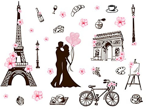 SUPERDANT Eiffelturm Wandtattoo Romantisches Wandsticker Paris Liebe Und Fahrrad Wandaufkleber Abnehmbar Heimdekoration Wandkunst DIY Kunst Vinyl Wandsticker Für Wohnzimmer Schlafzimmer
