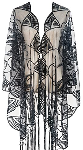 keland 1920er Jahre Pailletten Cape Schal Tuch Schaltuch Stola Festlich Schultertuch Poncho für Hochzeit Abendkleid (B-Schwarz)