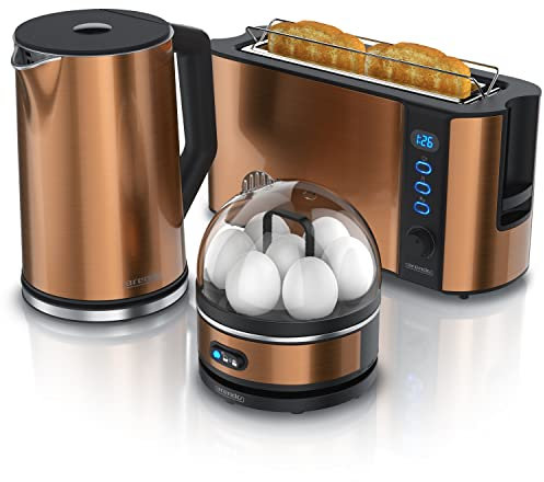 Arendo - Wasserkocher mit Toaster Set und Eierkocher, Edelstahl Kupfer Wasserkocher 1,5L 40° - 100°C, Toaster 2 Scheiben LED-Display 6 Bräunungsgrade Eierkocher 1-7 Eier Messbecher BPA frei