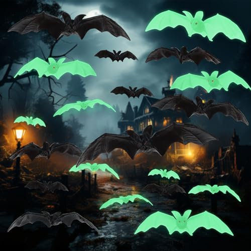 Murciélagos de Halloween,ACTOYS Decoración de Murciélago de Halloween,10 Realista de Murciélago,10 Brillar en Oscuridad Adorno de Murciélago,para la decoración de Fiestas de Halloween