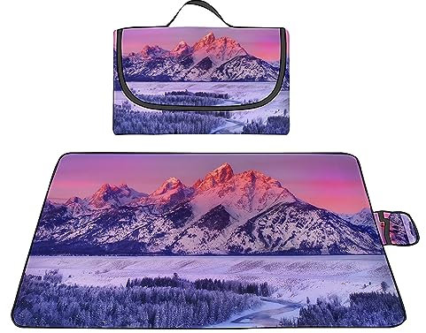 Picknickdecke Wasserdicht 180x200cm,Faltbare Tragbare Strandunterlage Picknickdecke,Ultraschall-Punktbügelprozess,Maschinenwaschbar Mehrzweck für Camping,Wandern,Park,Strand,Sonnenuntergang Schneeberg