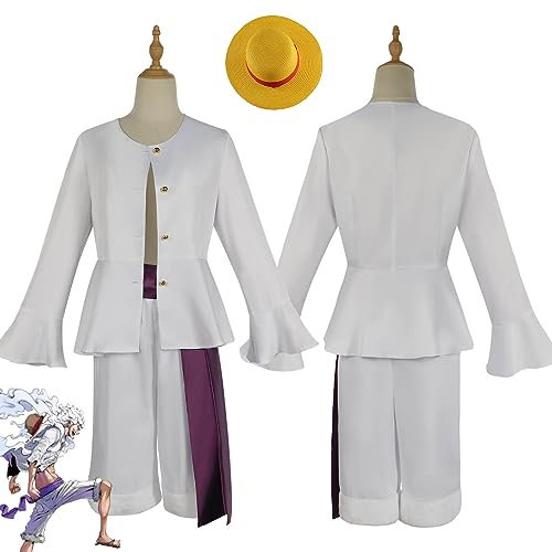 Tjmiaohao Anime One Piece Nika Luffy Cosplay Kostüm Outfit Wano Country Monkey D. Luffy Uniform Komplettset Halloween Karneval Party Dress Up Anzug mit Hut für Männer Kinder (M)
