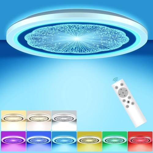 Nigecue 24W LED Deckenleuchte Flach mit Fernbedienung, Dimmbare LED Deckenlampe mit einstellbare 3000K-6000K Farbtemperatur RGB-Hintergrundbeleuchtung, IP54 Wasserdicht, 3200LM, Ultra Dünn Ø30CM