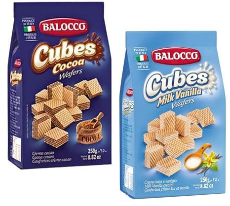 Balocco Wafers Cubes Latie and Cocoa Italian Shortbread Biscuits | Cocoa & Cream Biscuit for Breakfast | Chocolate Swirl Cookies | Palm Oil Free Snack (Wafers Collection, 2 Pack)