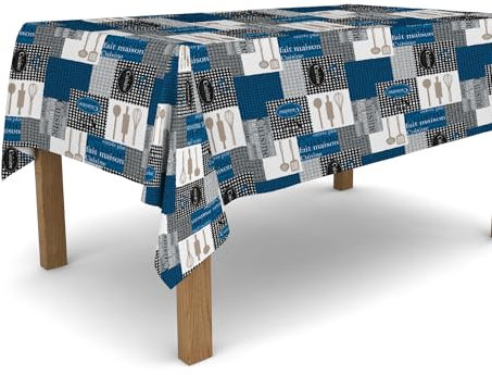Banzaii Tovaglia in PVC Cerata Antimacchia Resistente a Sole e Intemperie Facile Da Tagliare Nella Misura Che Vuoi - Cuisine Blu 140x100 cm