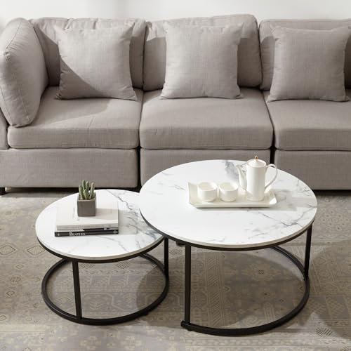 homeguru Satztisch Set mit 2 runden Beistelltischen 2-in-1 Kombination, Couchtisch Weiss Deko Wohnzimmer Modern, Kaffeetisch aus Holz Kleiner Couchtisch 2er Set Weiß Größe 80X 80CM, 60X 60CM