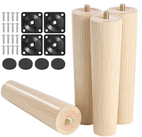 Moendergo Lot de 4 pieds de meubles en bois de hêtre massif de 15 cm, pieds de canapé, table et commode avec vis, plaque de montage et protection antidérapante (grain d'arbre)