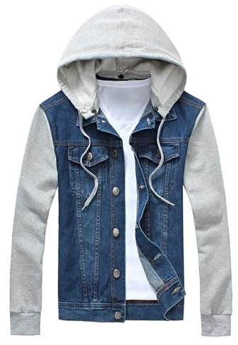 SWJGLITTR Men Casual Hood Denim Jacket Long Sleeve Trucker Hooded Outwear Vintage Button Hoodie Jean Jackets, Dark Blue, M
