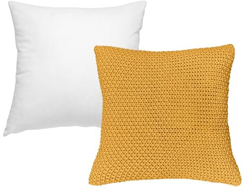wometo Dekokissen-Set Strick Kissenbezug 45x45 mit Innenkissen und Federkissen Füllung gelb senfgelb - Reißverschluss Oeko-TEX Sofakissen warme Kissenhülle mit Strickmuster