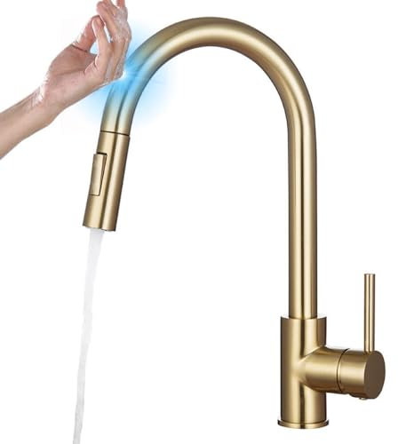 Grifo de cocina táctil, mezclador frío y caliente, grifo extraíble, grifos montados en cubierta de fregadero de acero inoxidable flexible, 02 cepillo dorado